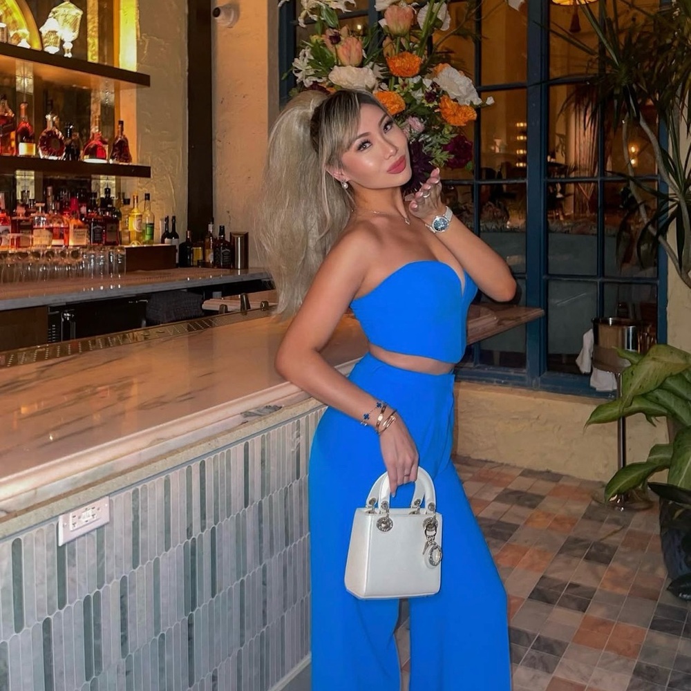 Revolve Amanda Uprichard Sky Blue Set Jane Flare Pants Cherri Crop Top